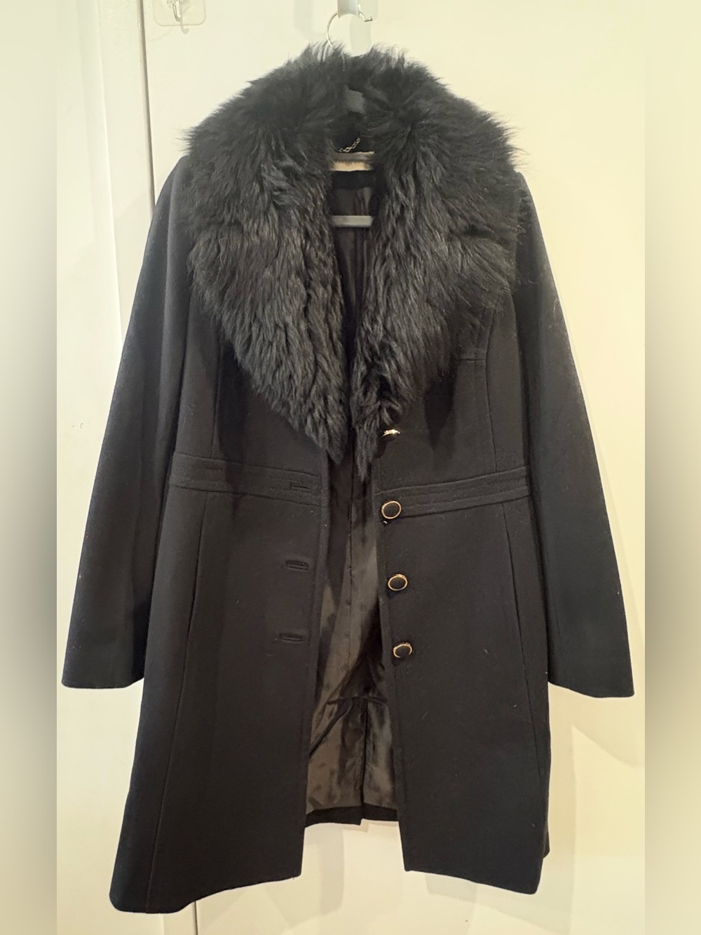 Tory Burch Black Wool Coat with Fur Collar Size Small
